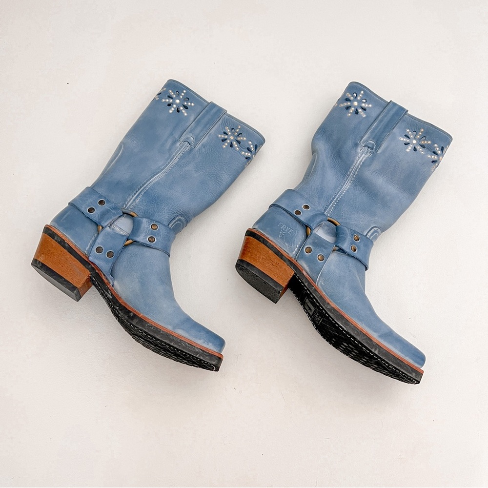 RARE Vintage Frye Sky Blue Floral Cutout Stud Harness Boots Size 7.5 - Picture 4 of 13